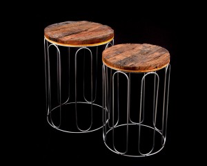 Recycled Natural Wood Iron Stool - Set of 2